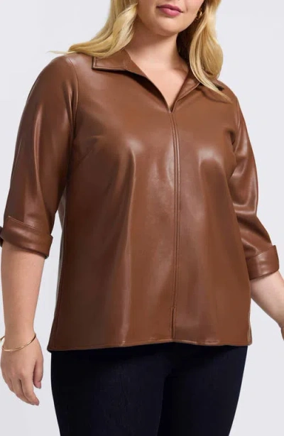 Foxcroft Agnes Faux Leather Long Sleeve Popover Top In Brown