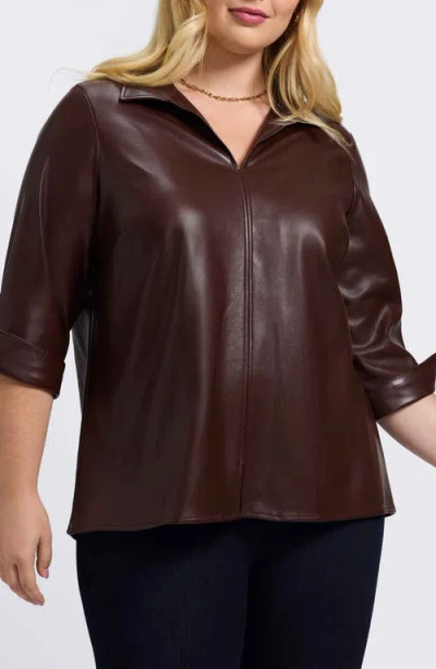 Foxcroft Agnes Faux Leather Long Sleeve Popover Top In Brown