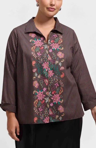 Foxcroft Agnes Floral Stripe Cotton Poplin Popover Top In Brown