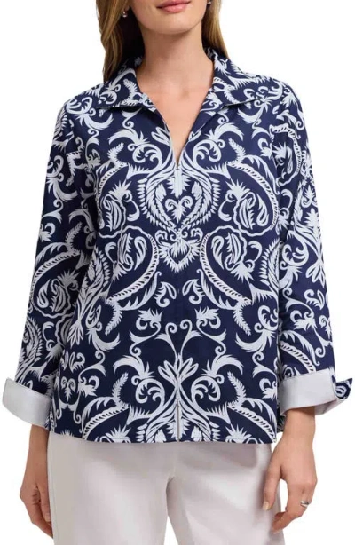 Foxcroft Agnes Florentine Damask Three-quarter Sleeve Cotton Popover Top In Blue