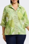 Foxcroft Agnes Mixed Print Three-quarter Sleeve Cotton Popover Top In Green Multi
