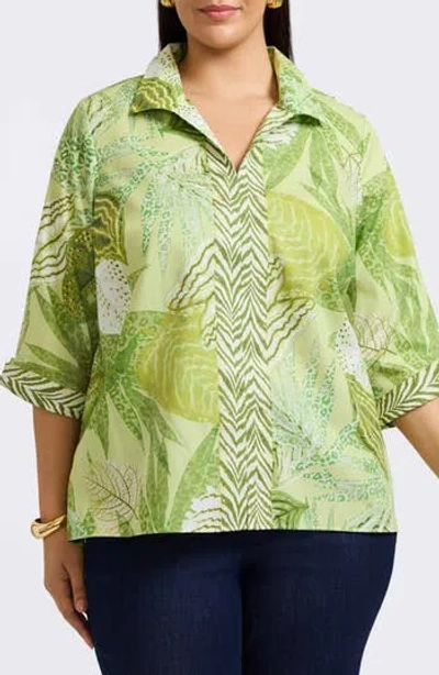 Foxcroft Agnes Mixed Print Three-quarter Sleeve Cotton Popover Top In Green Multi