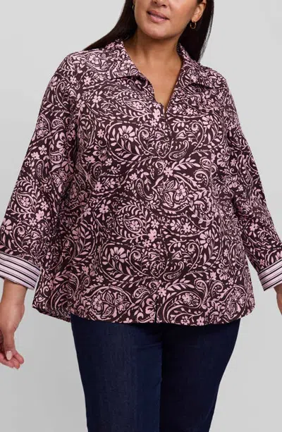 Foxcroft Agnes Paisley Cotton Sateen Popover Shirt In Espresso Brown/pink