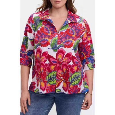 Foxcroft Agnes Paradise Blooms Three-quarter Sleeve Cotton Popover Top In Multi