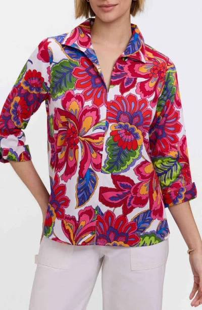 Foxcroft Agnes Paradise Blooms Three-quarter Sleeve Cotton Popover Top In Multi