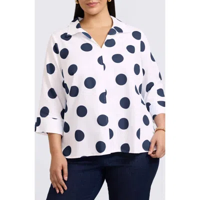Foxcroft Agnes Polka Dot Cotton Popover Top In White/ Navy