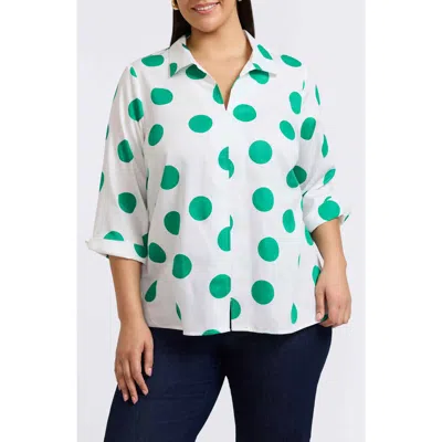 Foxcroft Agnes Polka Dot Cotton Popover Top In White/green