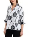 Foxcroft Agnes Poppy Print Three-quarter Sleeve Popover Top In White