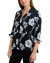 Foxcroft Agnes Poppy Print Three-quarter Sleeve Popover Top In Black