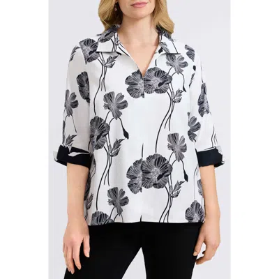 Foxcroft Agnes Poppy Print Three-quarter Sleeve Popover Top In White