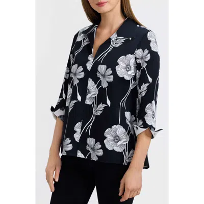 Foxcroft Agnes Poppy Print Three-quarter Sleeve Popover Top In Black