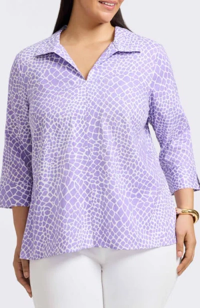 Foxcroft Agnes Print Three-quarter Sleeve Linen Blend Popover Top In Amethyst/white