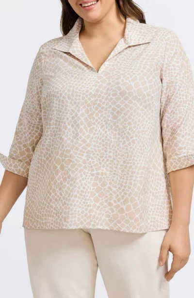 Foxcroft Agnes Print Three-quarter Sleeve Linen Blend Popover Top In Flax White