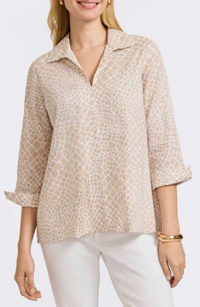 Foxcroft Agnes Print Three-quarter Sleeve Popover Top In Flax White