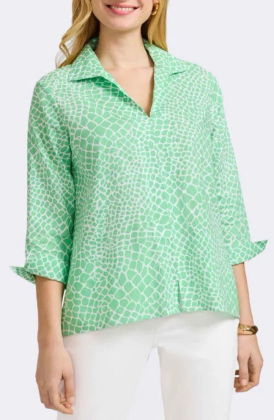Foxcroft Agnes Print Three-quarter Sleeve Popover Top In New Leaf/white