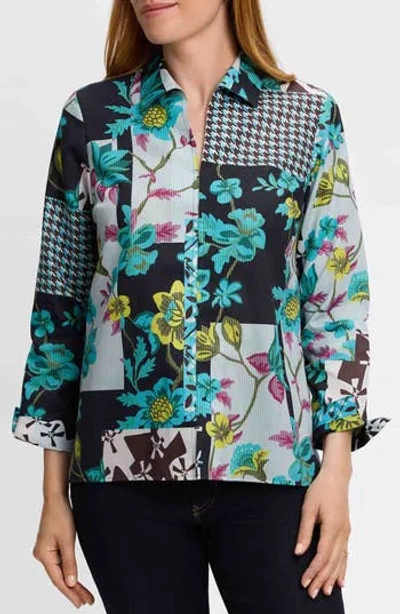 Foxcroft Agnes Sateen Top In Teal Multi