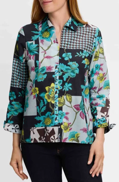 Foxcroft Agnes Sateen Top In Teal Multi