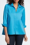 Foxcroft Agnes Three-quarter Sleeve Cotton Blend Popover Top In True Blue