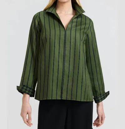 Foxcroft Agnes Stripe & Houndstooth Popover Shirt In Basil & Black In Green