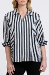 Foxcroft Agnes Stripe Long Sleeve Cotton Sateen Top In White/black