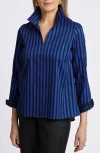 Foxcroft Agnes Stripe Long Sleeve Cotton Sateen Shirt In Sapphire/ Black