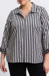 Foxcroft Agnes Stripe Long Sleeve Cotton Sateen Top In Black/white