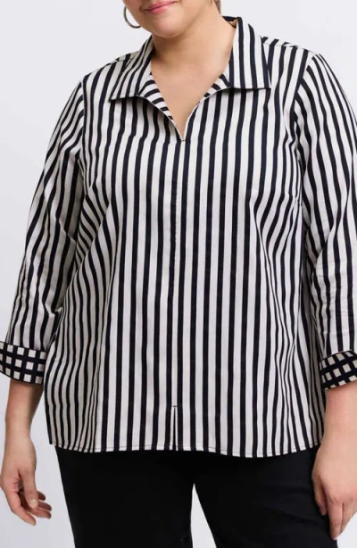 FOXCROFT FOXCROFT AGNES STRIPE LONG SLEEVE COTTON SATEEN TOP