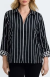 Foxcroft Agnes Stripe Three-quarter Sleeve Popover Top In Black