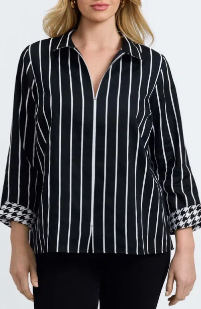 Foxcroft Agnes Stripe Three-quarter Sleeve Popover Top In Black