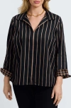Foxcroft Agnes Stripe Three-quarter Sleeve Popover Top In Black