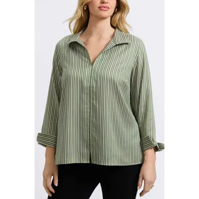 Foxcroft Agnes Stripe Three-quarter Sleeve Popover Top In Green