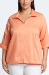 Foxcroft Agnes Three-quarter Sleeve Cotton Blend Popover Top In Melon