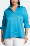 Foxcroft Agnes Three-quarter Sleeve Cotton Blend Popover Top In True Blue