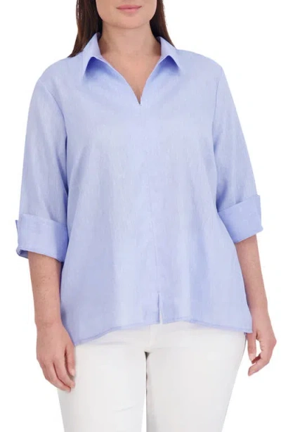 Foxcroft Agnes Three-quarter Sleeve Linen Blend Top In Blue