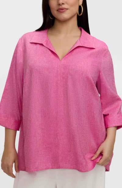 Foxcroft Agnes Three-quarter Sleeve Linen Blend Top In Pink