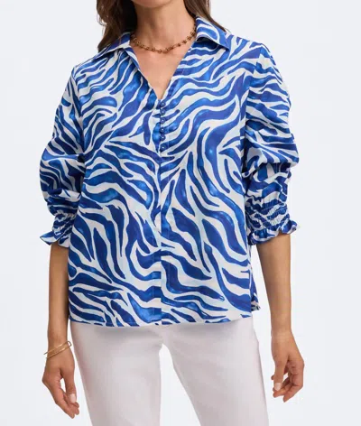 FOXCROFT ALEXIS 3/4 SLEEVE POPOVER SHIRT IN BLUE/WHITE