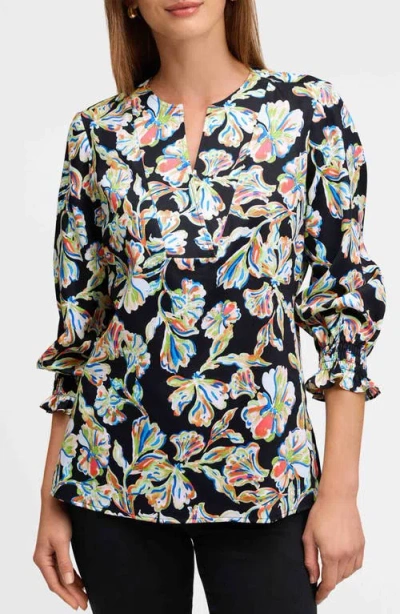 Foxcroft Alicia Floral Cotton Popover Top In Black Multi