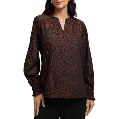 Foxcroft Alicia Zebra Print Cotton Blend Popover Top In Brown