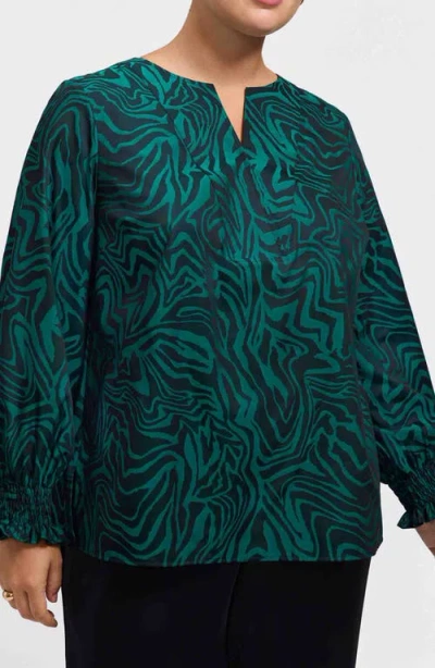Foxcroft Alicia Zebra Print Cotton Blend Popover Top In Green