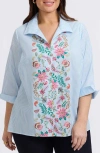 Foxcroft Anges Stripe Floral Embroidered Cotton Shirt
