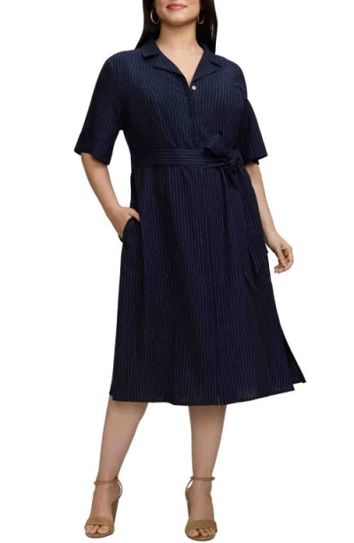 Foxcroft Aniston Stripe Linen Blend Shirtdress In Blue