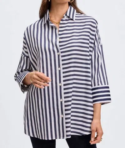 Foxcroft Avery Double Stripe Quarter Sleeve Top In Navy/white In Blue