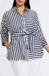 Foxcroft Avery Stripe Tie Waist Shirt In Navy/white