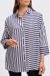Foxcroft Avery Stripe Tie Waist Tunic Shirt In Blue