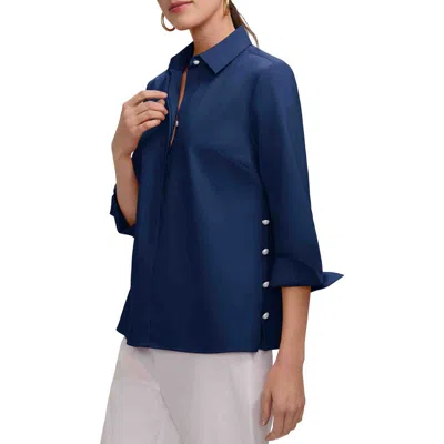 Foxcroft Beatrice Matte Satin Side Button Shirt In Blue