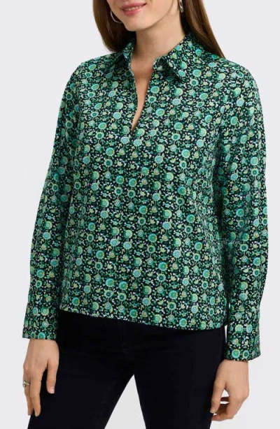 Foxcroft Bella Geometric Floral Cotton Popover Top In Green