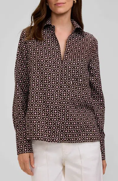 Foxcroft Bella Geometric Print Cotton Sateen Popover Top In Espresso Brown/multi