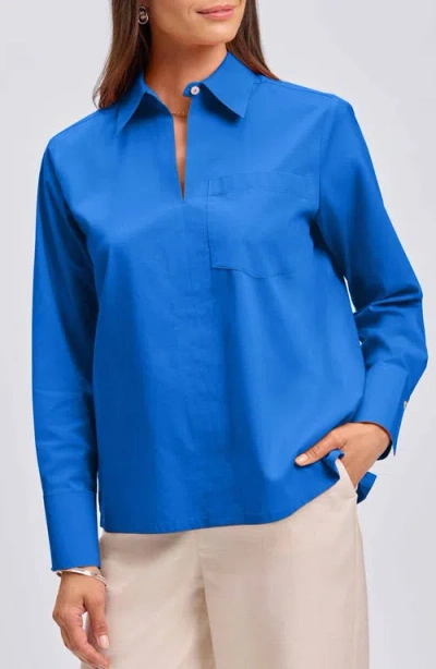 Foxcroft Bella Solid Popover Top In Cobalt Blue