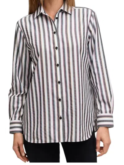 Foxcroft Boyfriend No Iron Rainbow Lurex Stripe Shirt In Black/white In Multi