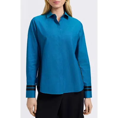 Foxcroft Brooke Grosgrain Trim Cotton Button-up Shirt In Blue